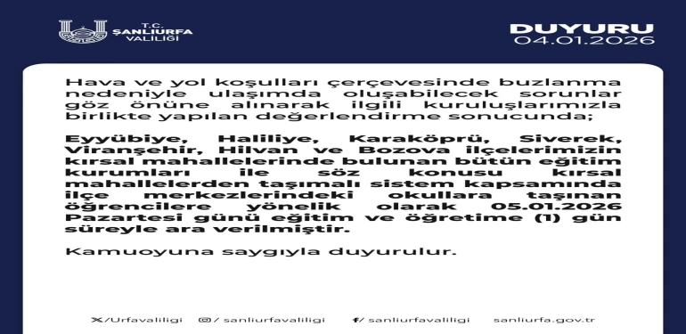 Şanlıurfa’da Taşımalı Eğitime 1 Gün Ara