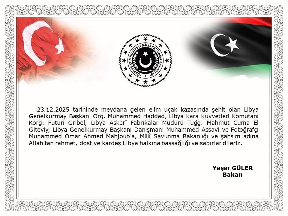 Bakan Güler’den Libya İçin Taziye Mesajı