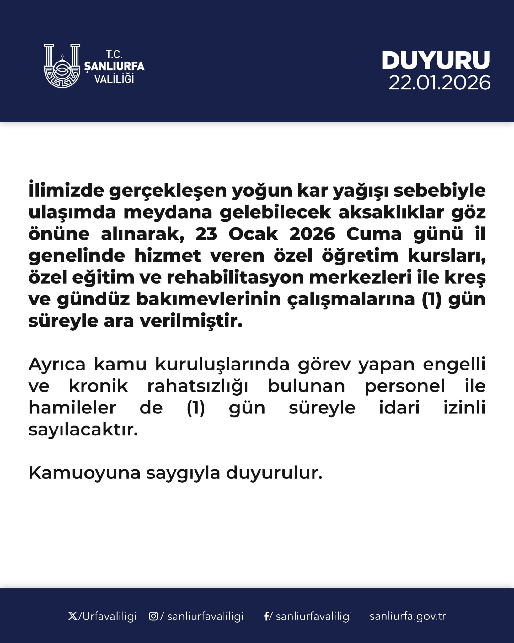 Şanlıurfa’da Yoğun Kar Nedeniyle Bazı Kurumlarda Eğitime 1 Gün Ara