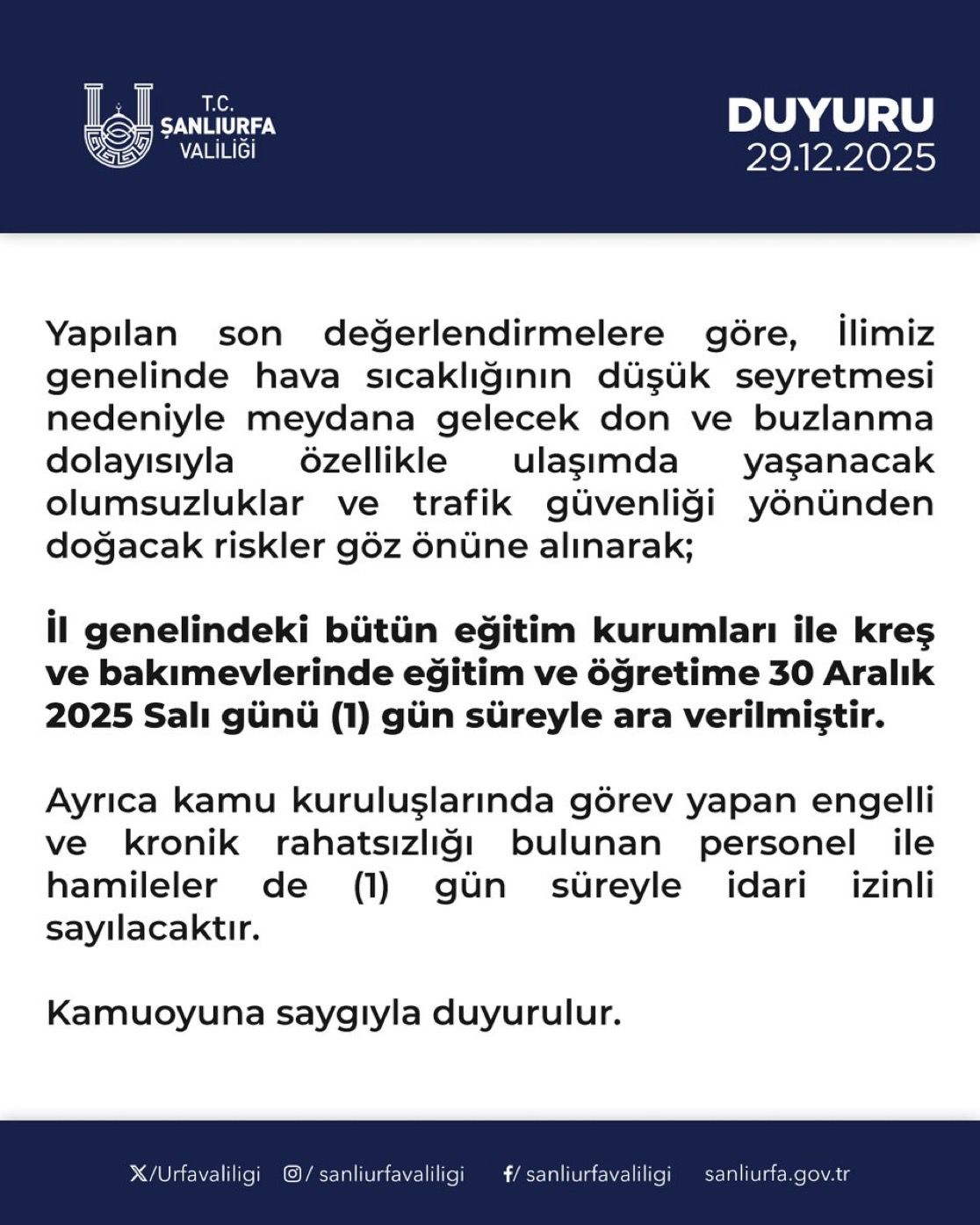 Şanlıurfa’da Eğitime Kar Engeli: Okullar 1 Gün Tatil
