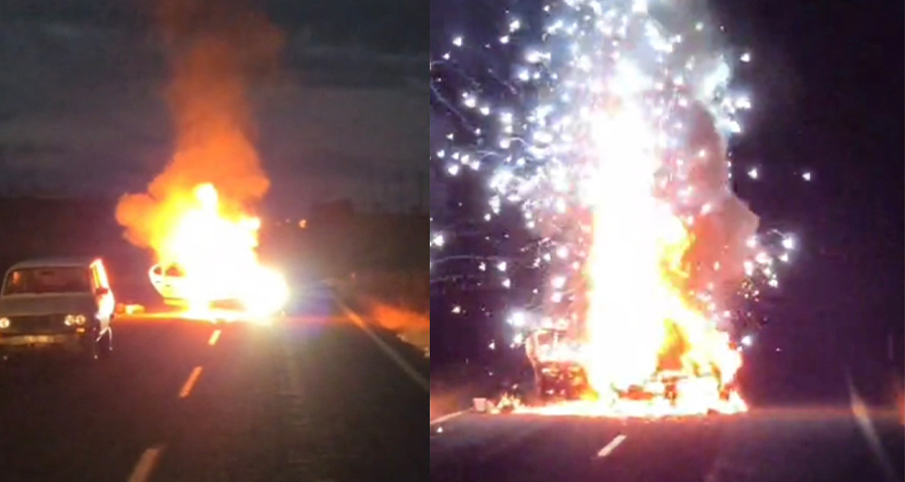 Hilvan’da Alev Alan Otomobil Büyük Gürültüyle Patladı