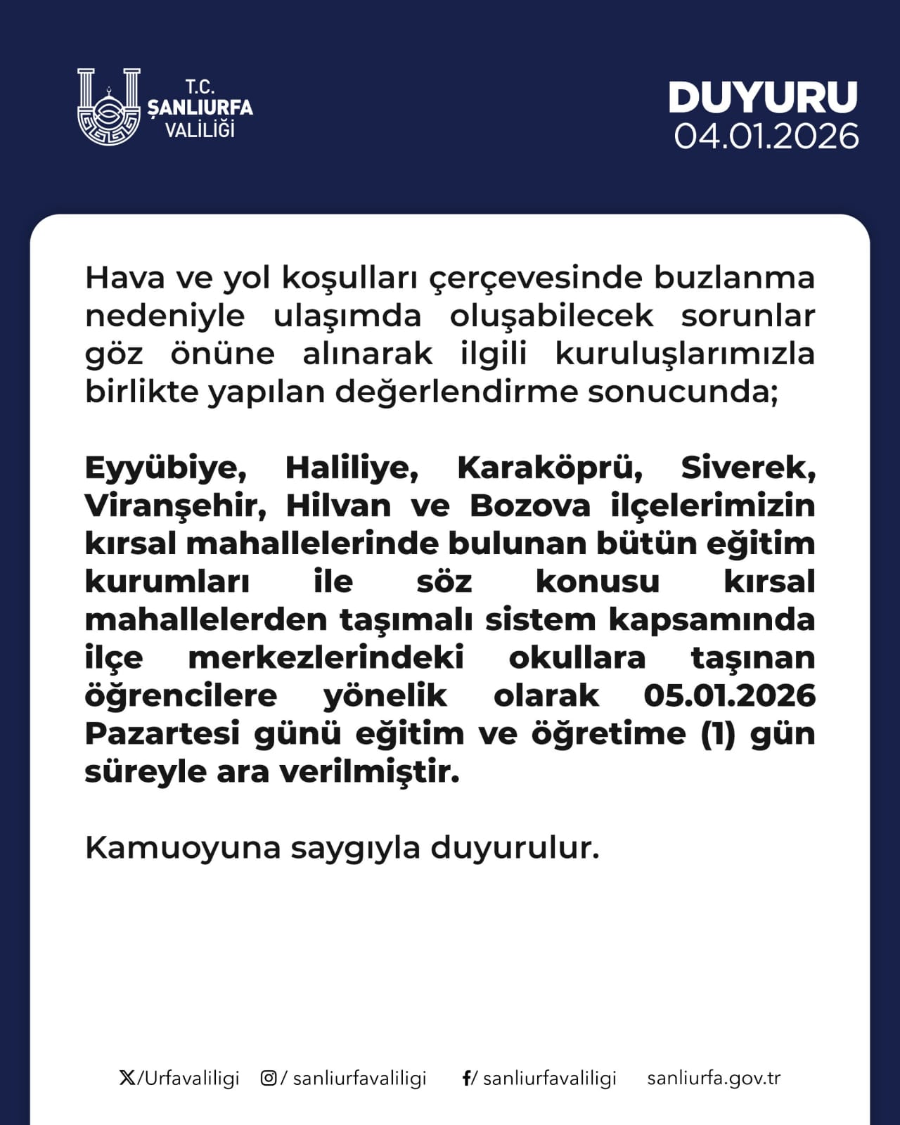 Şanlıurfa’da Taşımalı Eğitime 1 Gün Ara