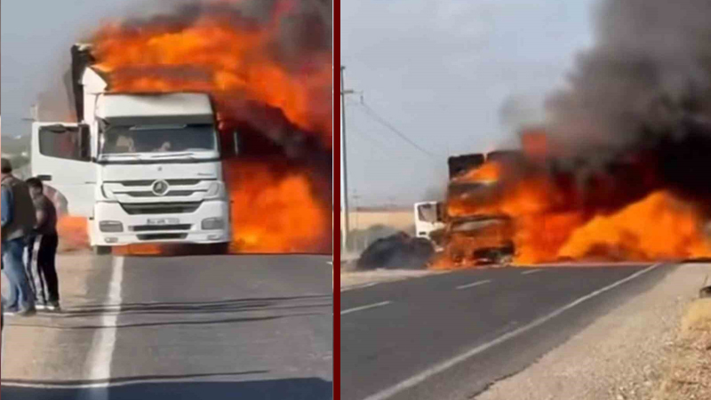 Şanlıurfa’da seyir halindeki tır alev alev yandı